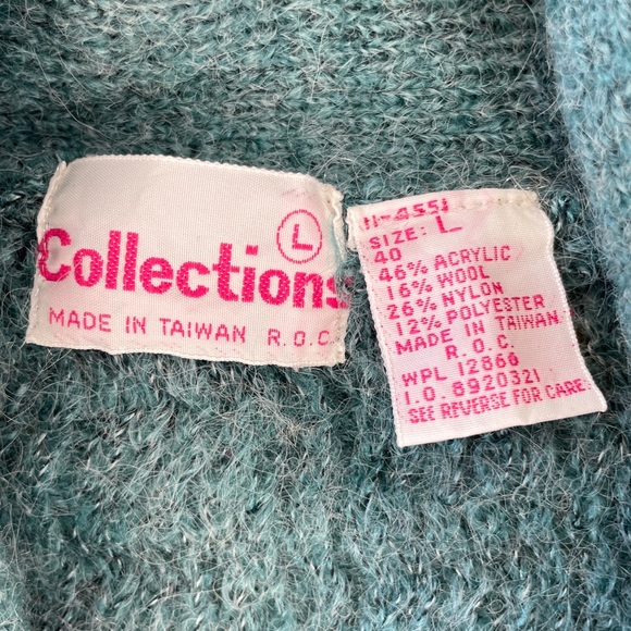 Vintage 80s Wool Blend Knit Double Breasted Shawl Collar Cardigan - Teal - Picture 5 of 13